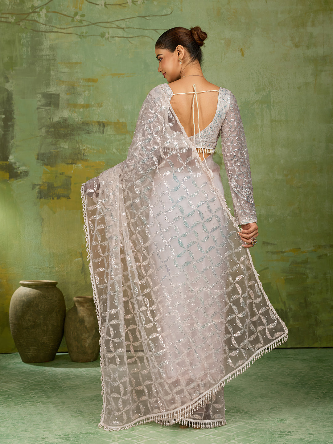 Off White Net Saree with Silver Sequin Geometric Embroidery