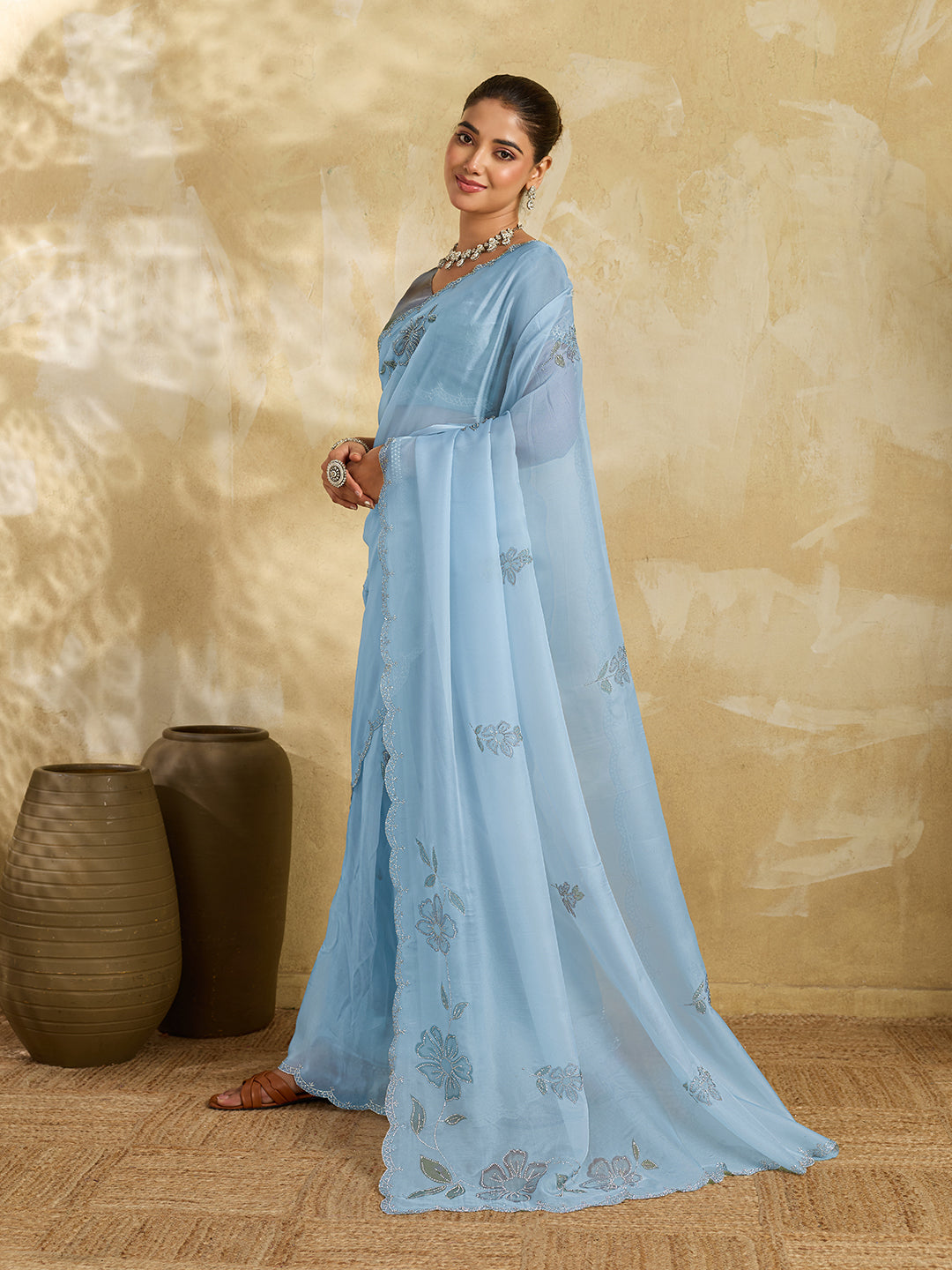 Sky Blue Organza Saree with Floral Print with Stone Work (Copy)