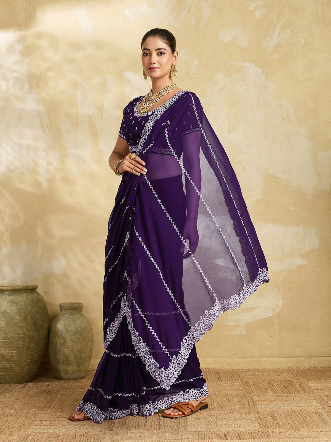 Deep Purple Chiffon Saree with Silver Zigzag Pleat Embroidery