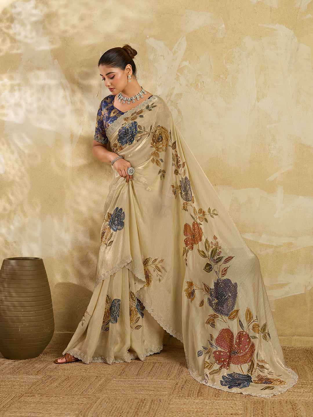 Beige Organza Saree with Digital Floral Print and Contrast Blouse