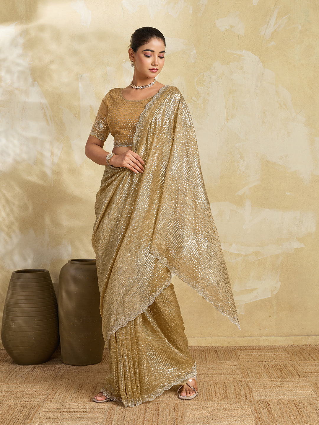 Gold Net Saree with Allover Sequin Mirror Embroidery