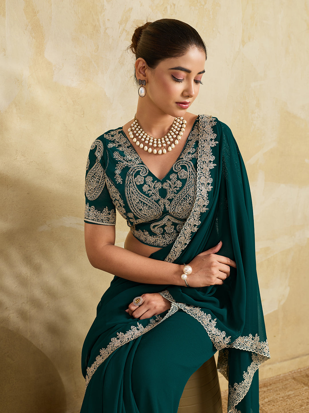 Rama Green Georgette Saree with Silver Zari Floral Embroidery and Matching Blouse