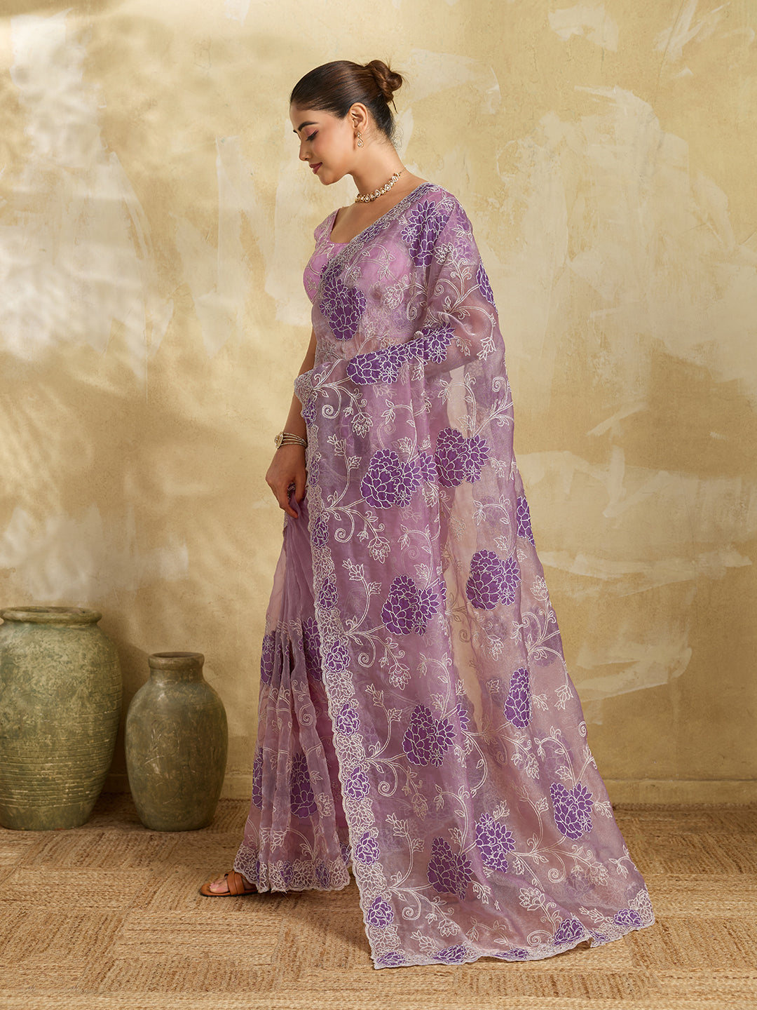 Lavender Organza Saree with Purple Floral Thread Embroidery
