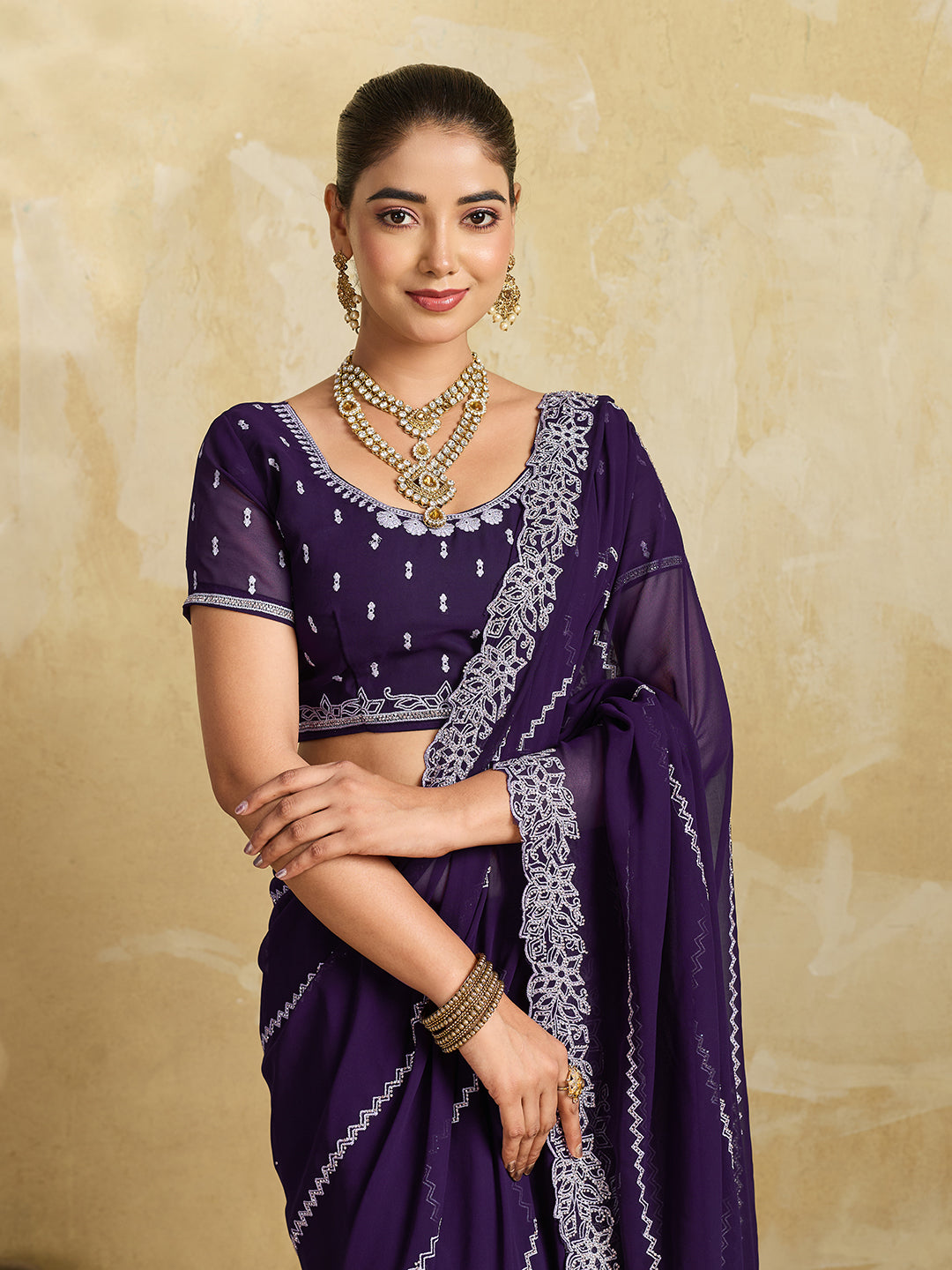 Deep Purple Chiffon Saree with Silver Zigzag Pleat Embroidery