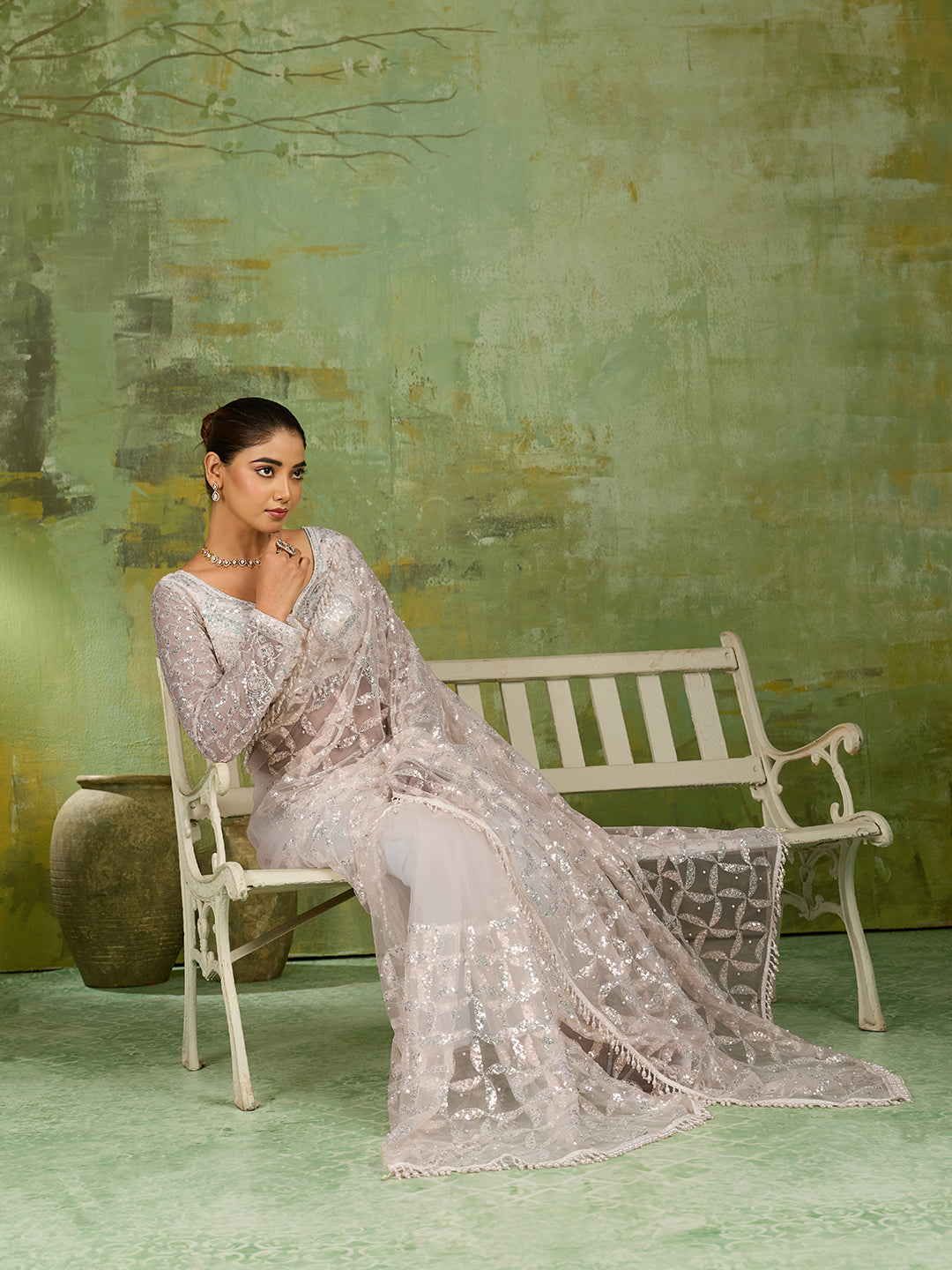Off White Net Saree with Silver Sequin Geometric Embroidery