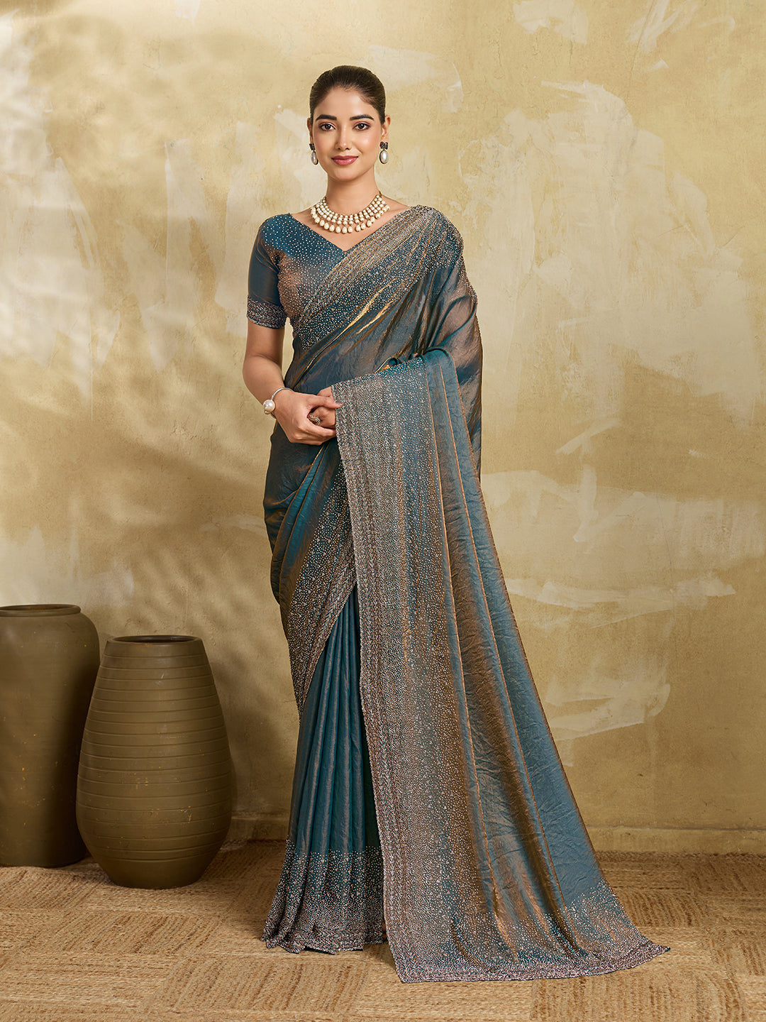 Teal Blue Shimmer Saree with Gold Sequin Embroidered Pallu