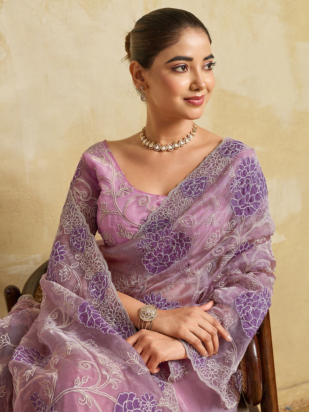 Lavender Organza Saree with Purple Floral Thread Embroidery