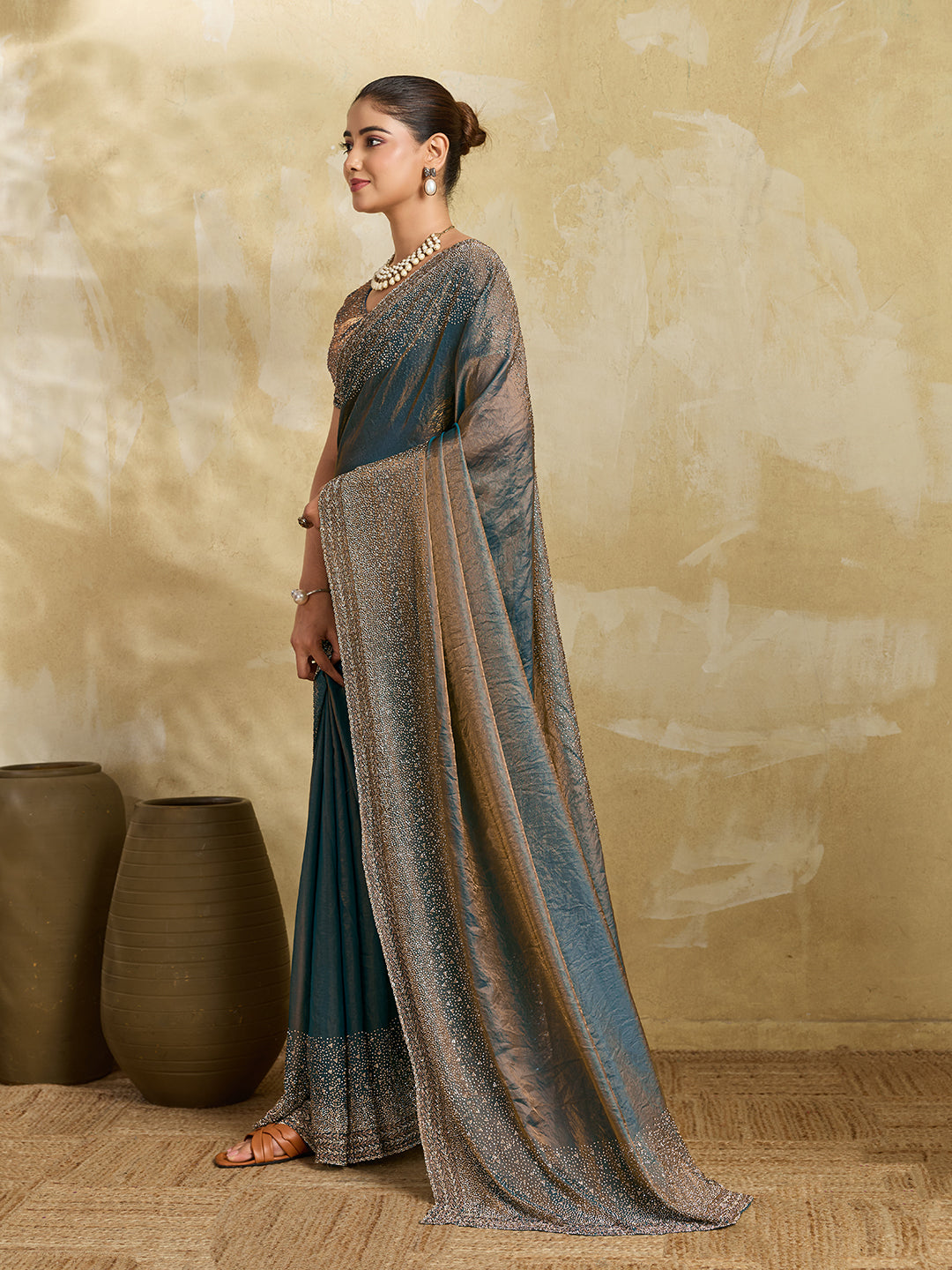Teal Blue Shimmer Saree with Gold Sequin Embroidered Pallu
