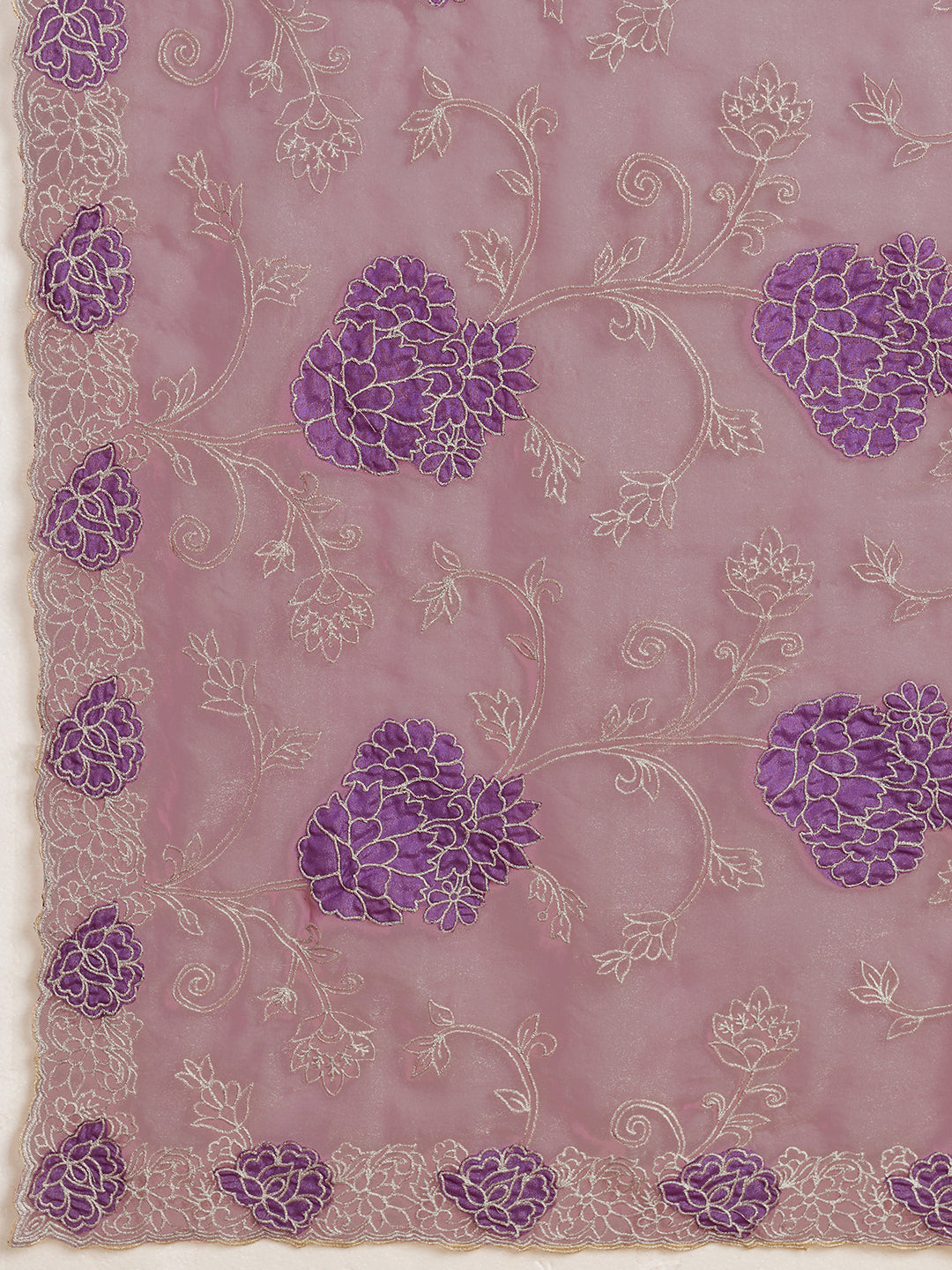 Lavender Organza Saree with Purple Floral Thread Embroidery