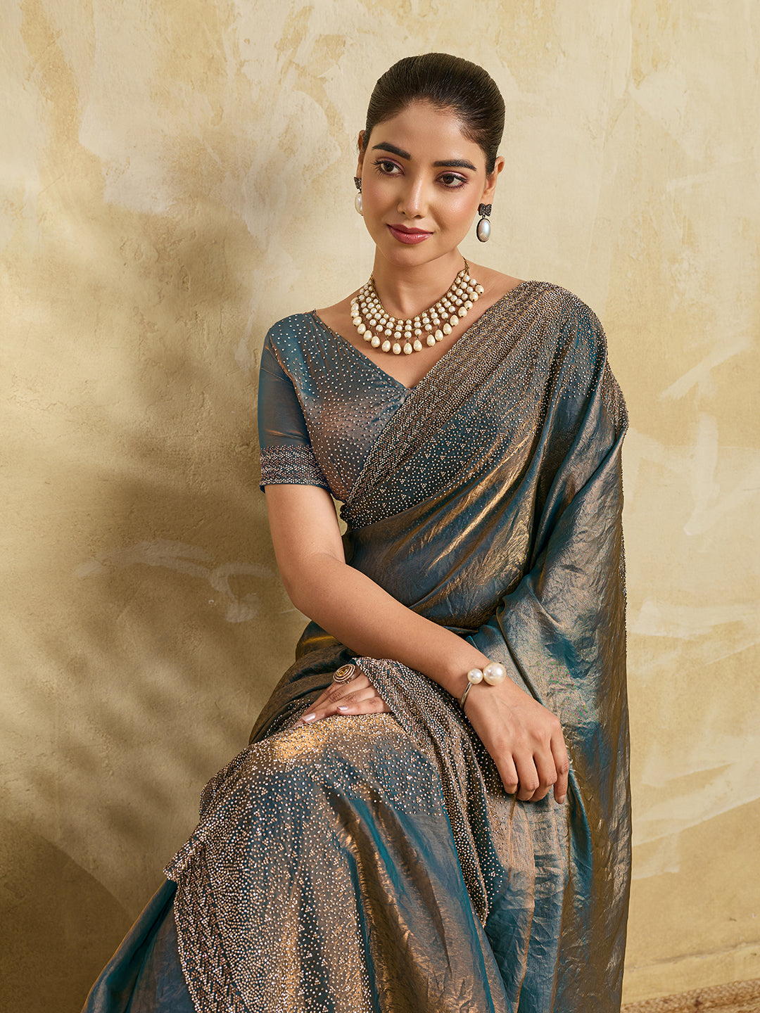 Teal Blue Shimmer Saree with Gold Sequin Embroidered Pallu