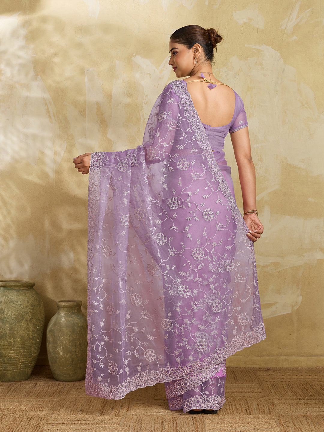 Lavender Net Saree with Silver Floral Thread Embroidery