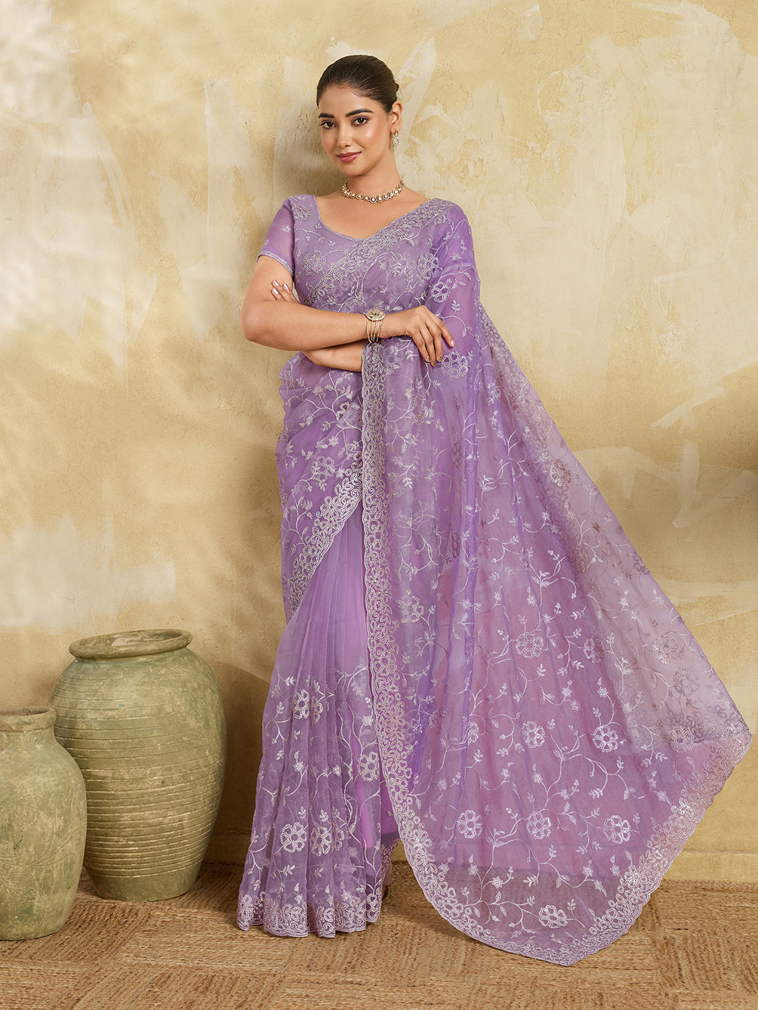 Lavender Net Saree with Silver Floral Thread Embroidery