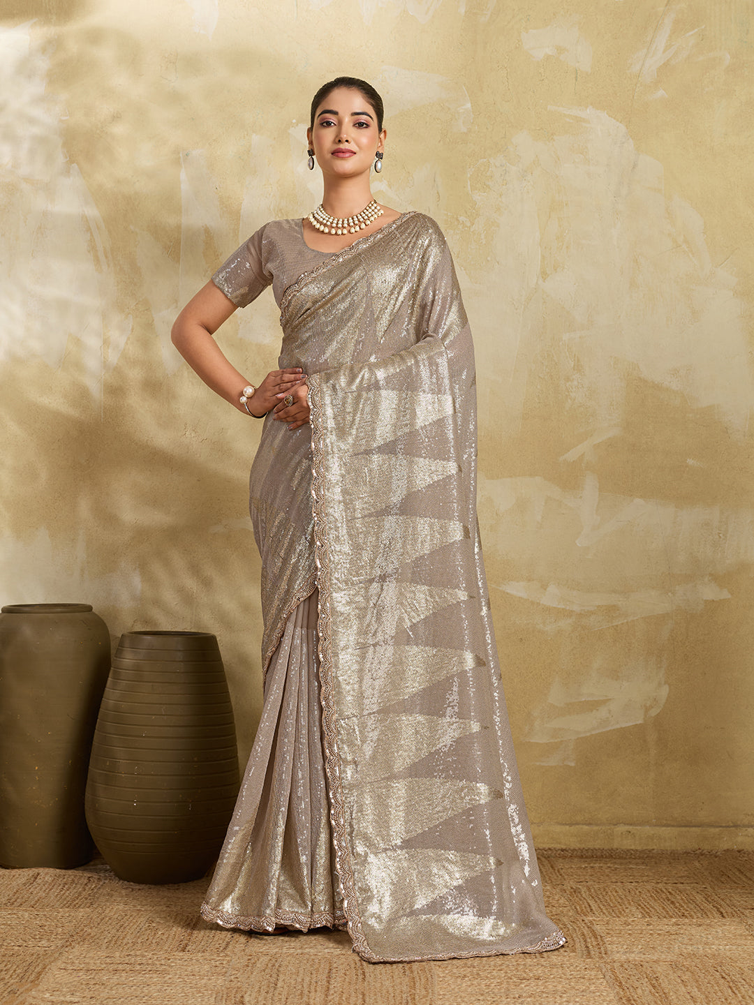 Champagne Shimmer Saree with Geometric Sequin Pattern