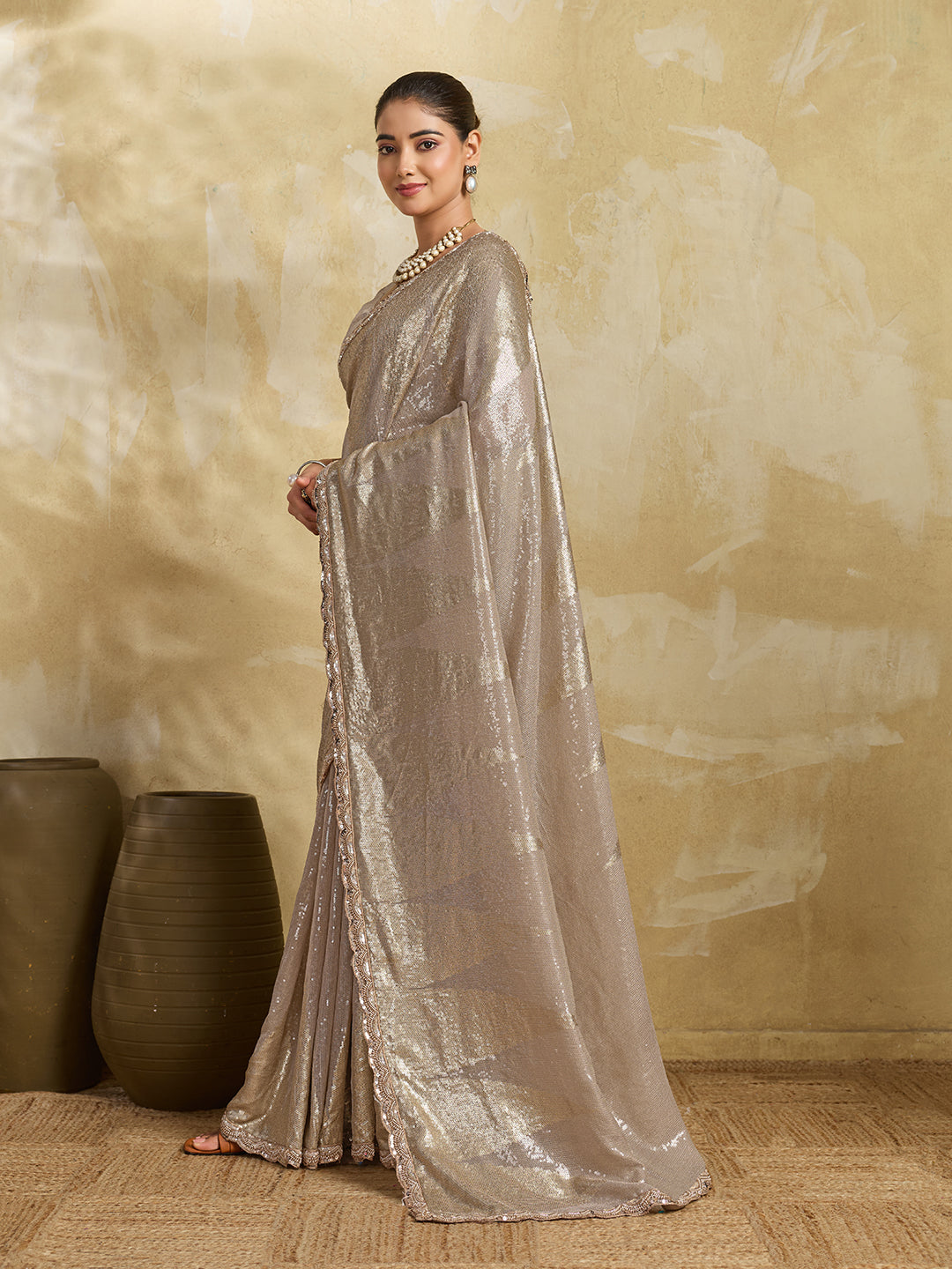 Champagne Shimmer Saree with Geometric Sequin Pattern