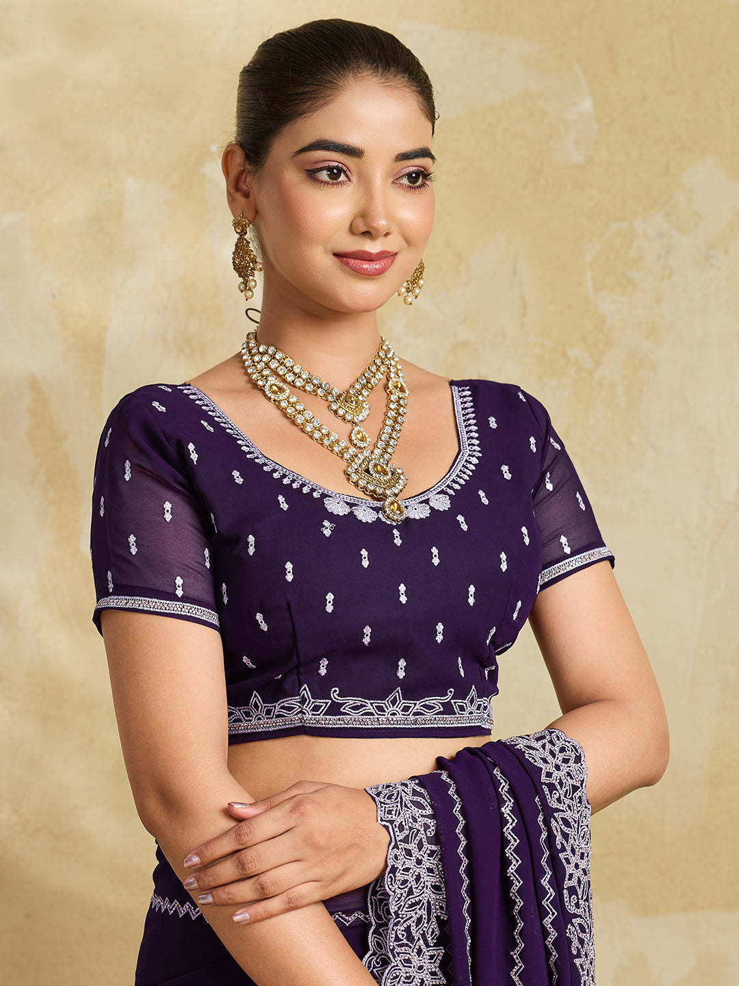 Deep Purple Chiffon Saree with Silver Zigzag Pleat Embroidery