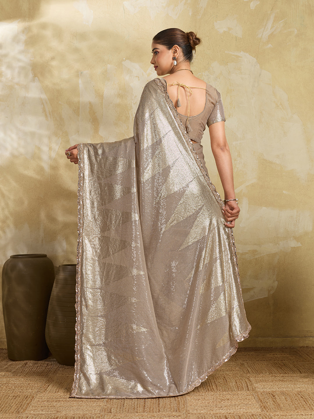 Champagne Shimmer Saree with Geometric Sequin Pattern
