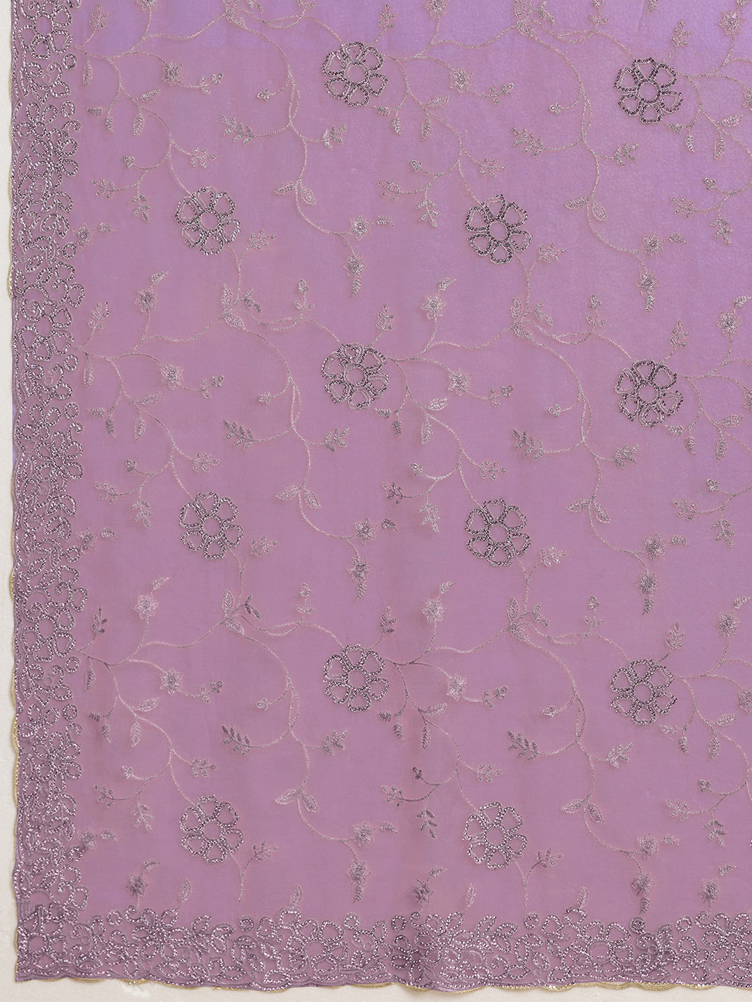 Lavender Net Saree with Silver Floral Thread Embroidery
