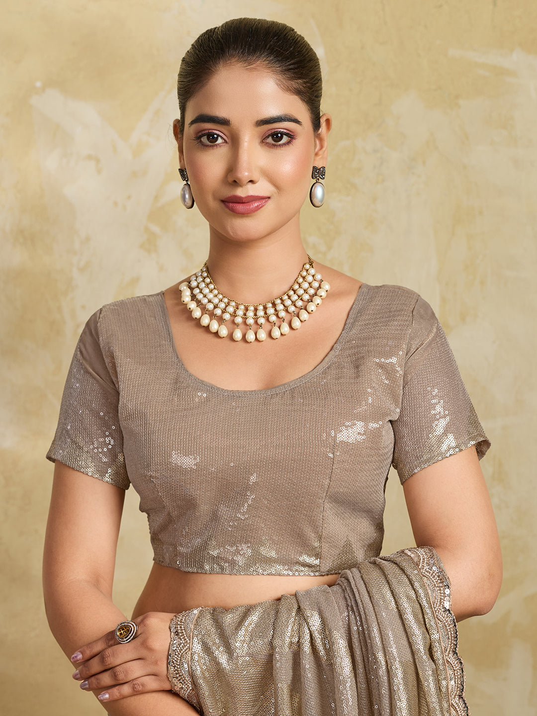Champagne Shimmer Saree with Geometric Sequin Pattern