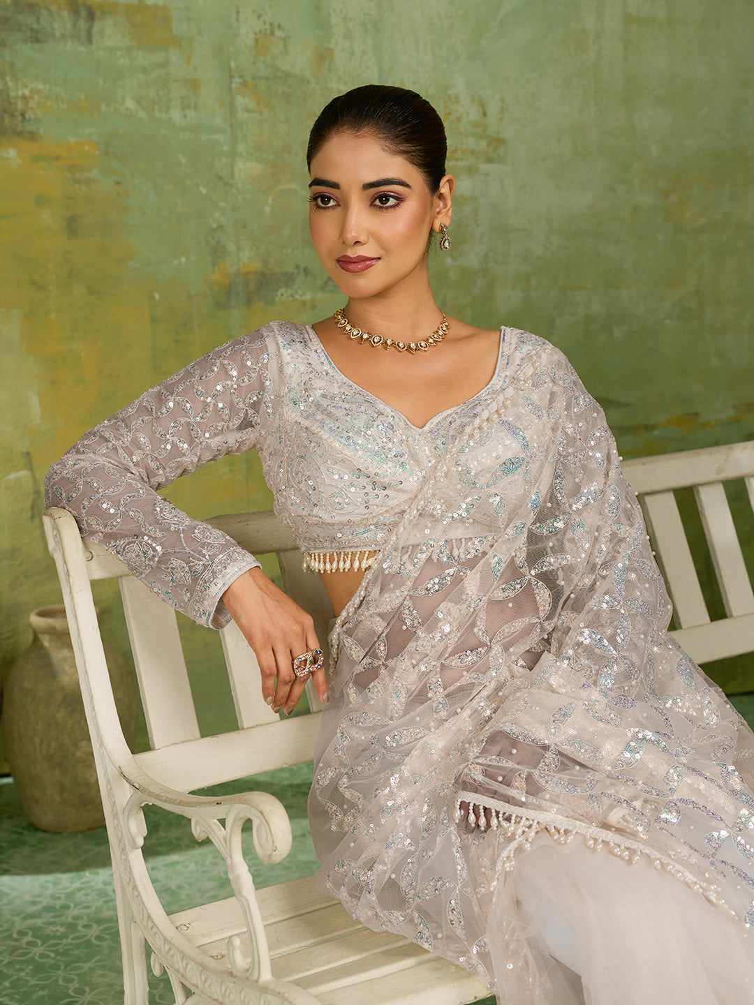 Off White Net Saree with Silver Sequin Geometric Embroidery