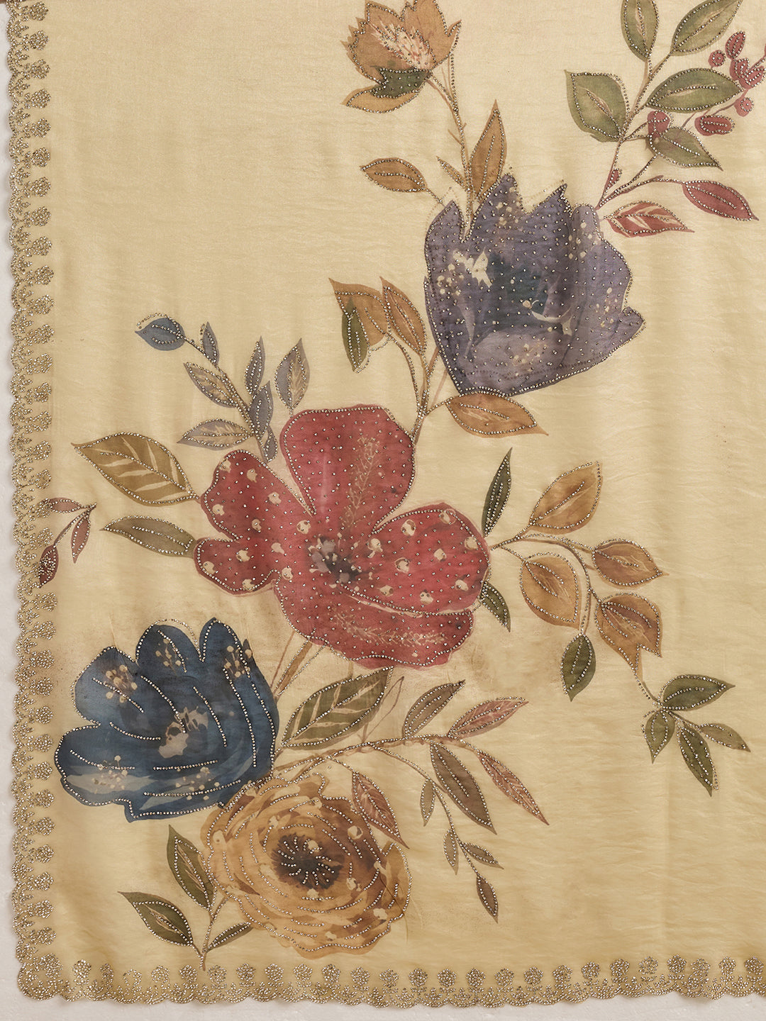 Beige Organza Saree with Digital Floral Print and Contrast Blouse