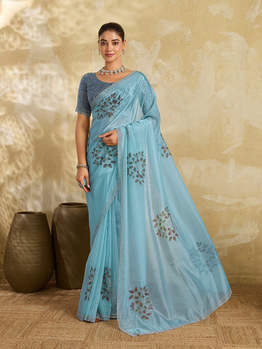 Sky Blue Organza Saree with Multicolor Leaf Cluster Embroidery