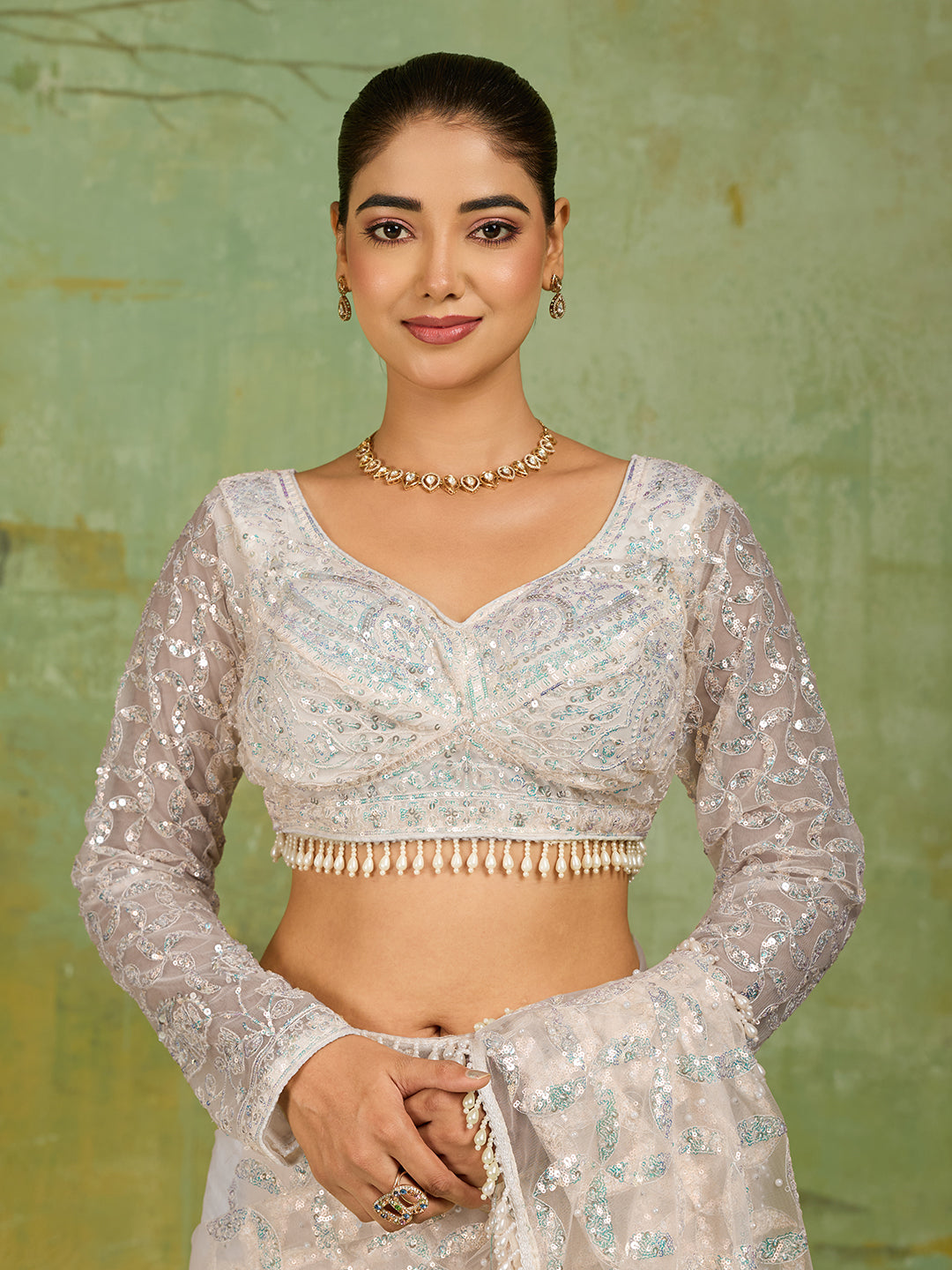 Off White Net Saree with Silver Sequin Geometric Embroidery