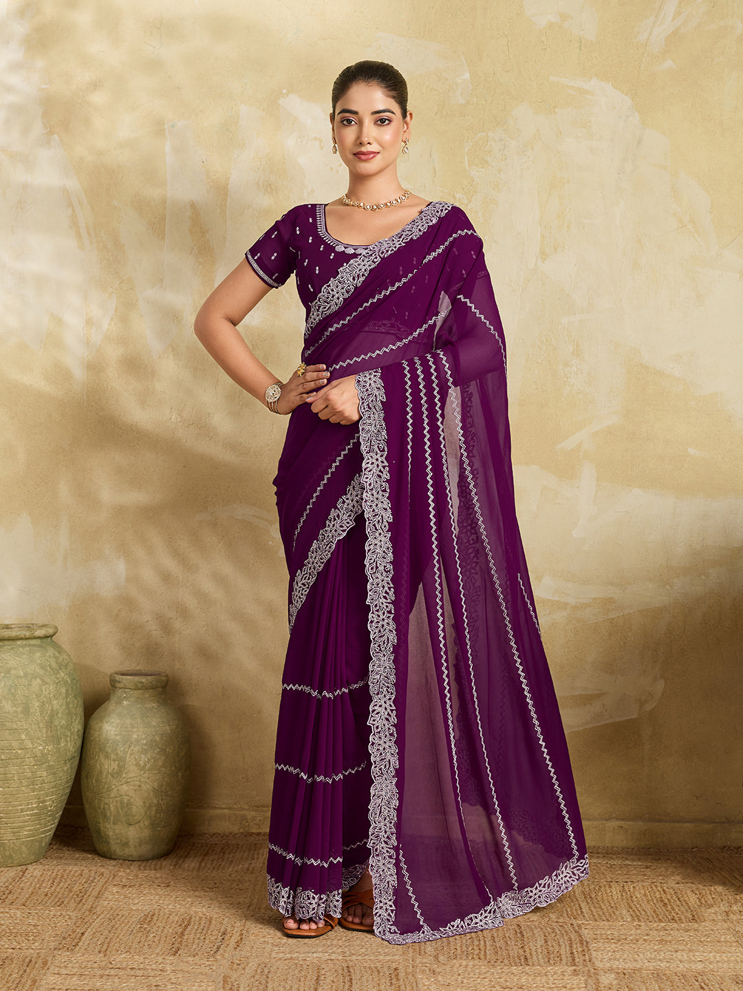 Purple Chiffon Saree with Silver Zigzag Pleat Embroidery