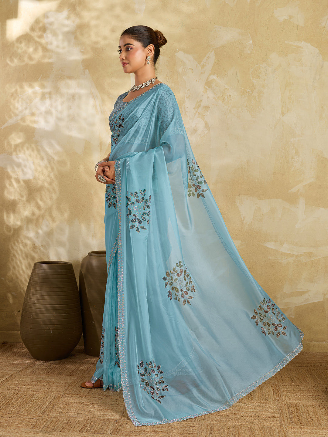 Sky Blue Organza Saree with Multicolor Leaf Cluster Embroidery
