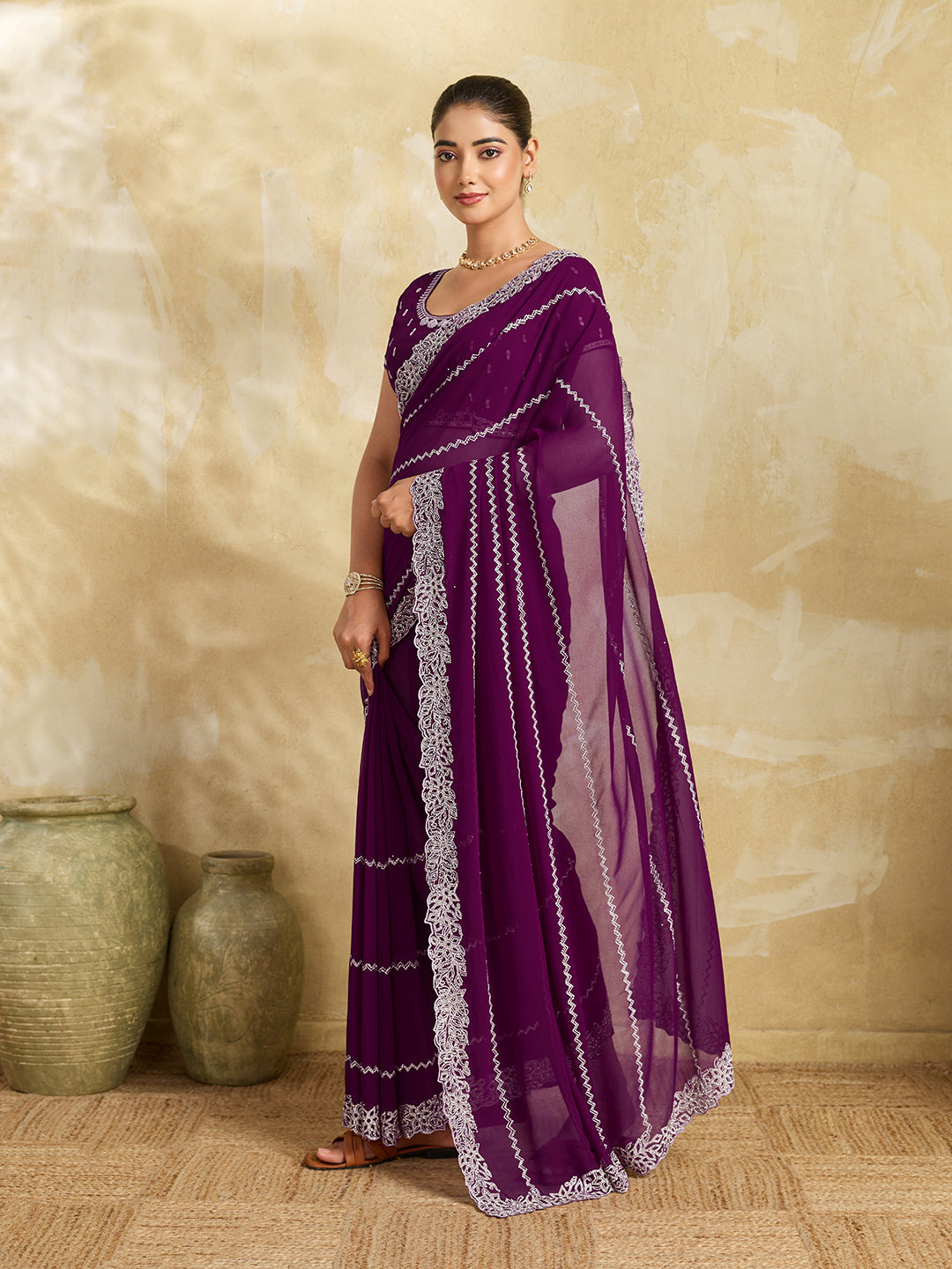 Purple Chiffon Saree with Silver Zigzag Pleat Embroidery