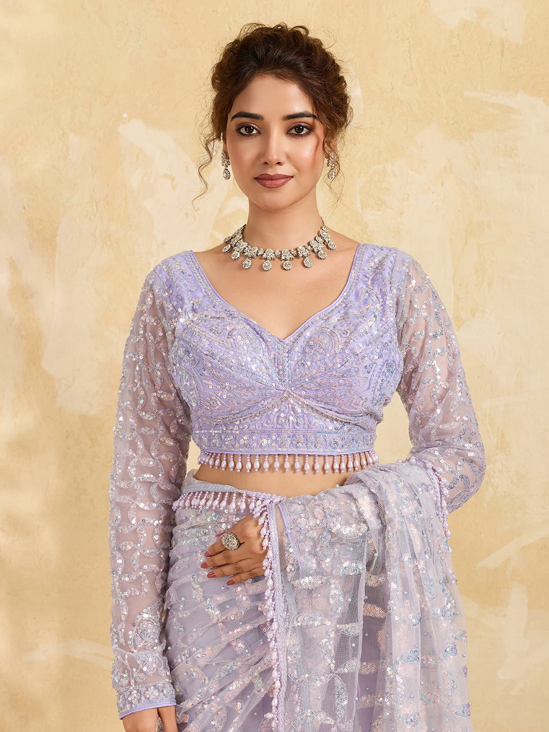 Mauve Net All-Over Sequin Embroidery Saree with Bead Drop Border