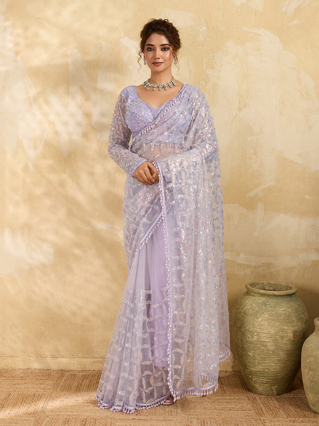 Mauve Net All-Over Sequin Embroidery Saree with Bead Drop Border
