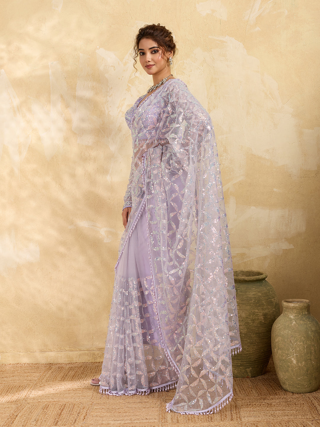 Mauve Net All-Over Sequin Embroidery Saree with Bead Drop Border