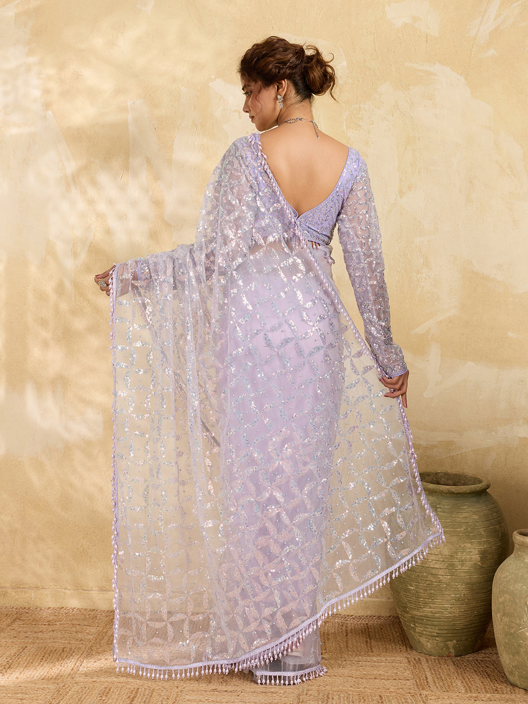 Mauve Net All-Over Sequin Embroidery Saree with Bead Drop Border