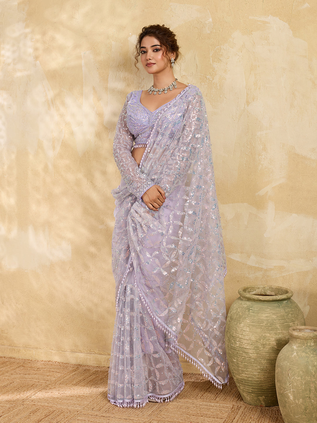 Mauve Net All-Over Sequin Embroidery Saree with Bead Drop Border