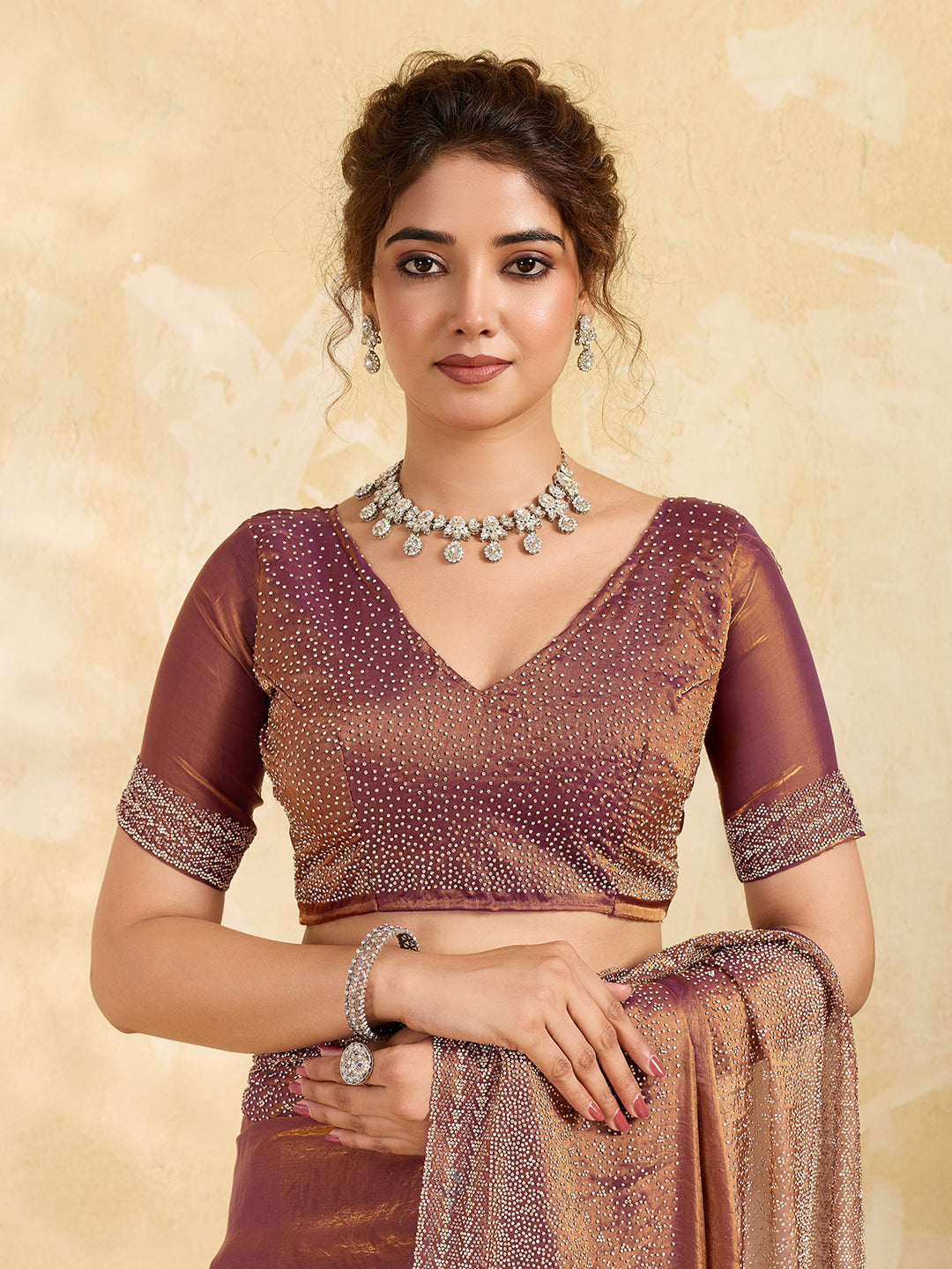 Dark Brown 2 Tone Satin gold & Brown stone work Saree with Matichng Blouse Piece