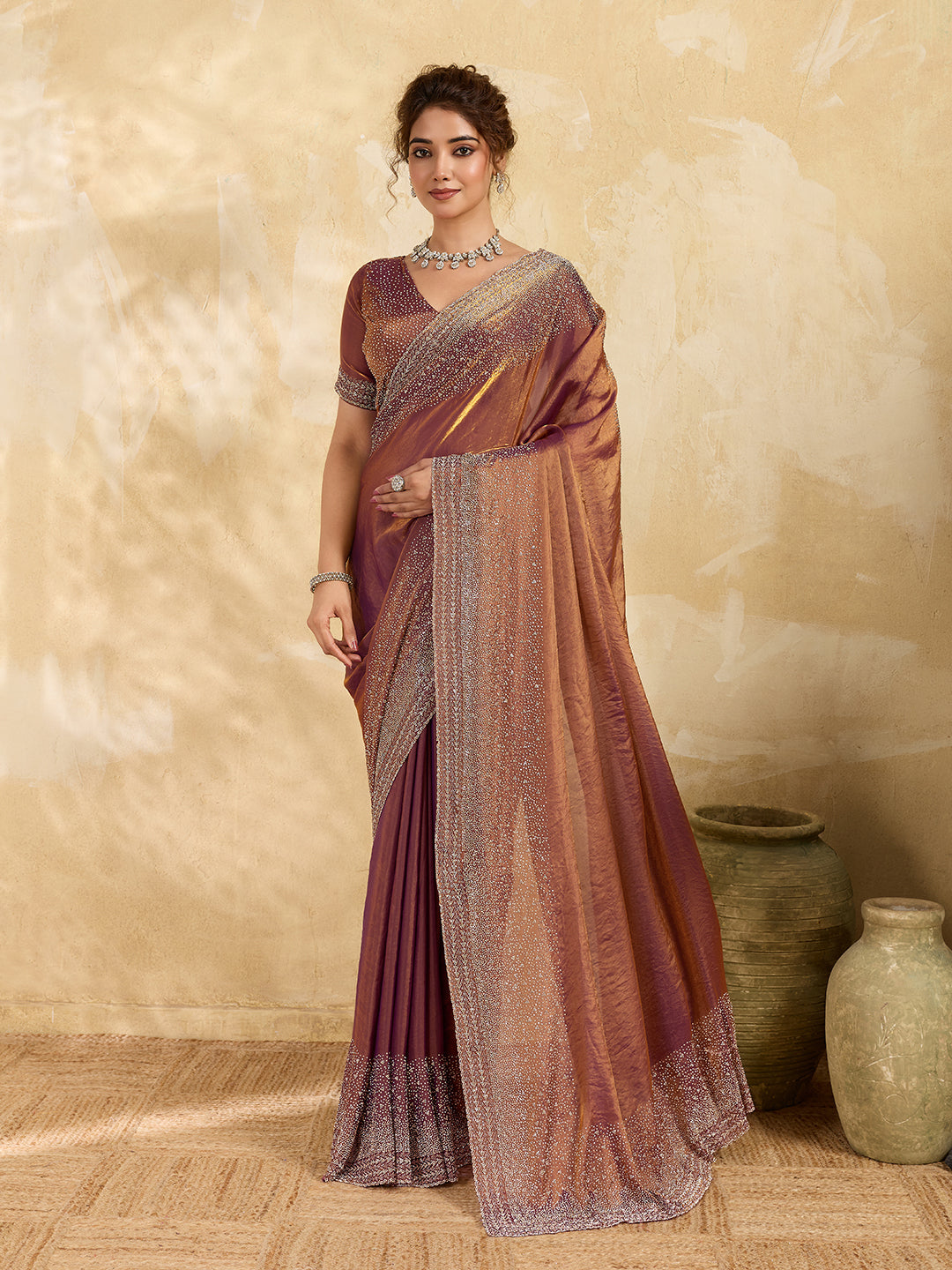 Dark Brown 2 Tone Satin gold & Brown stone work Saree with Matichng Blouse Piece
