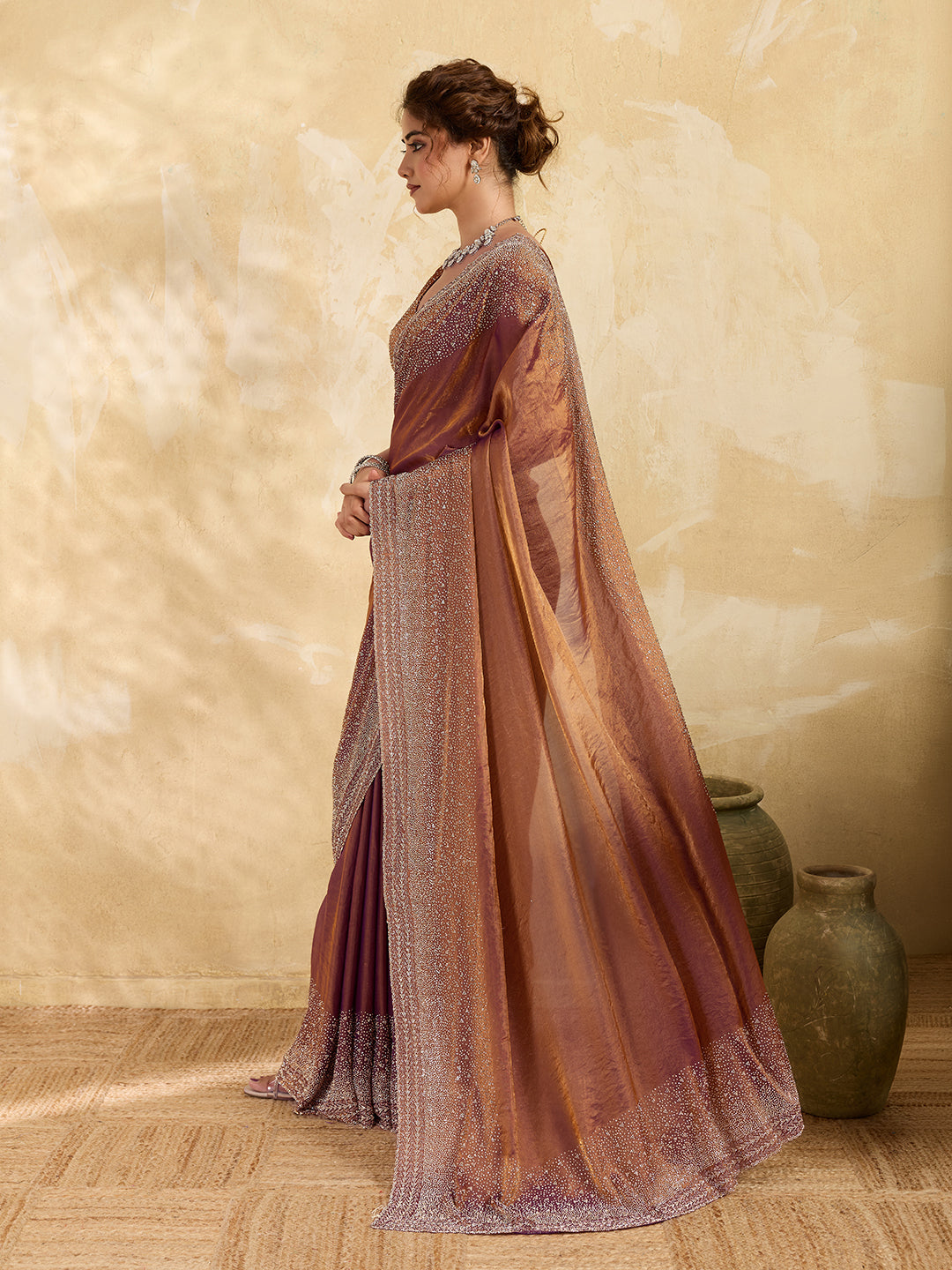 Dark Brown 2 Tone Satin gold & Brown stone work Saree with Matichng Blouse Piece