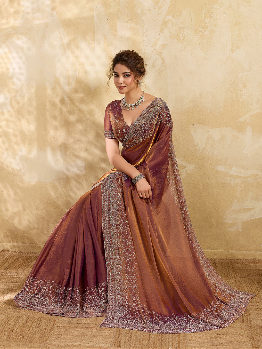 Dark Brown 2 Tone Satin gold & Brown stone work Saree with Matichng Blouse Piece