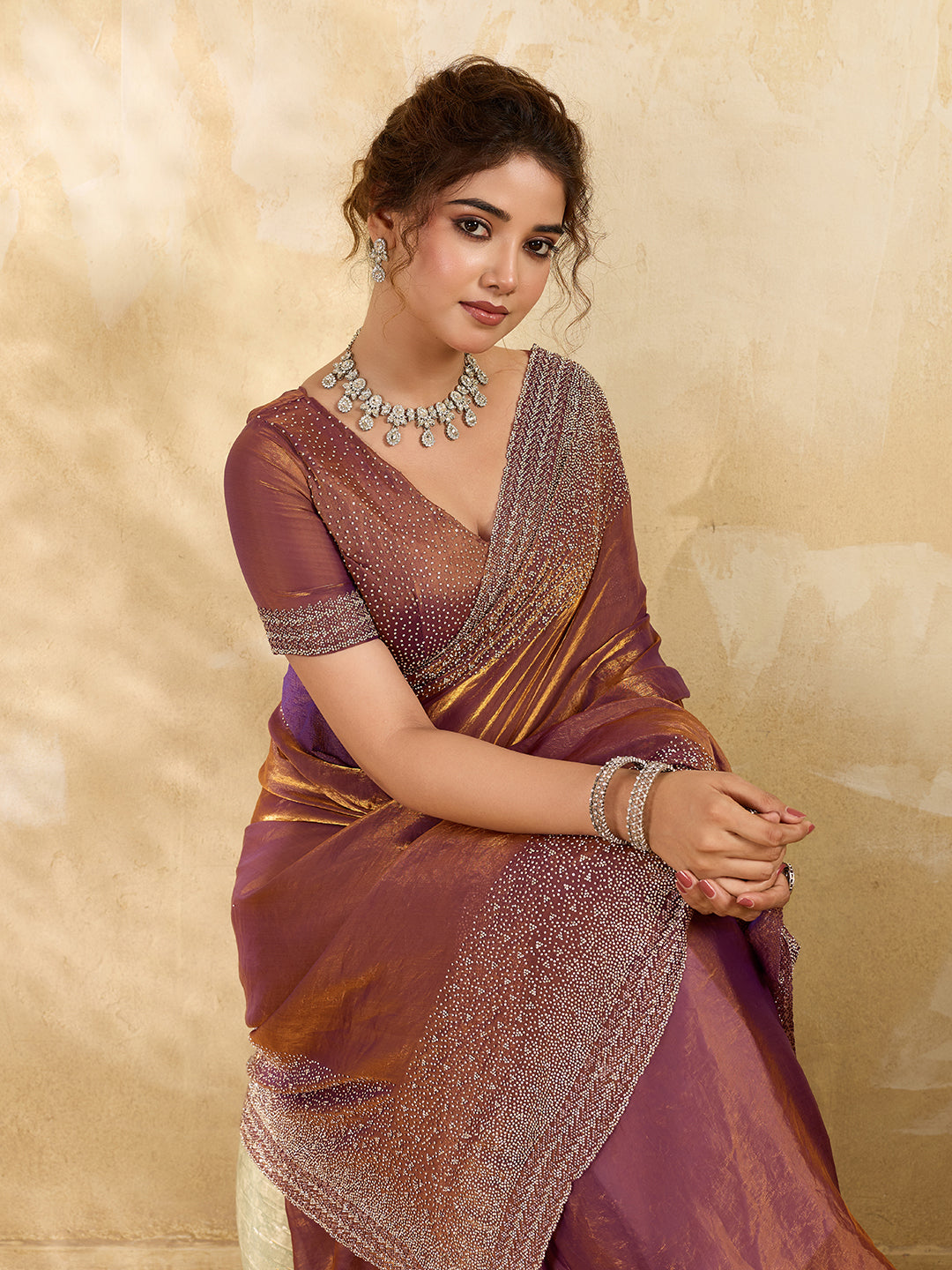 Dark Brown 2 Tone Satin gold & Brown stone work Saree with Matichng Blouse Piece