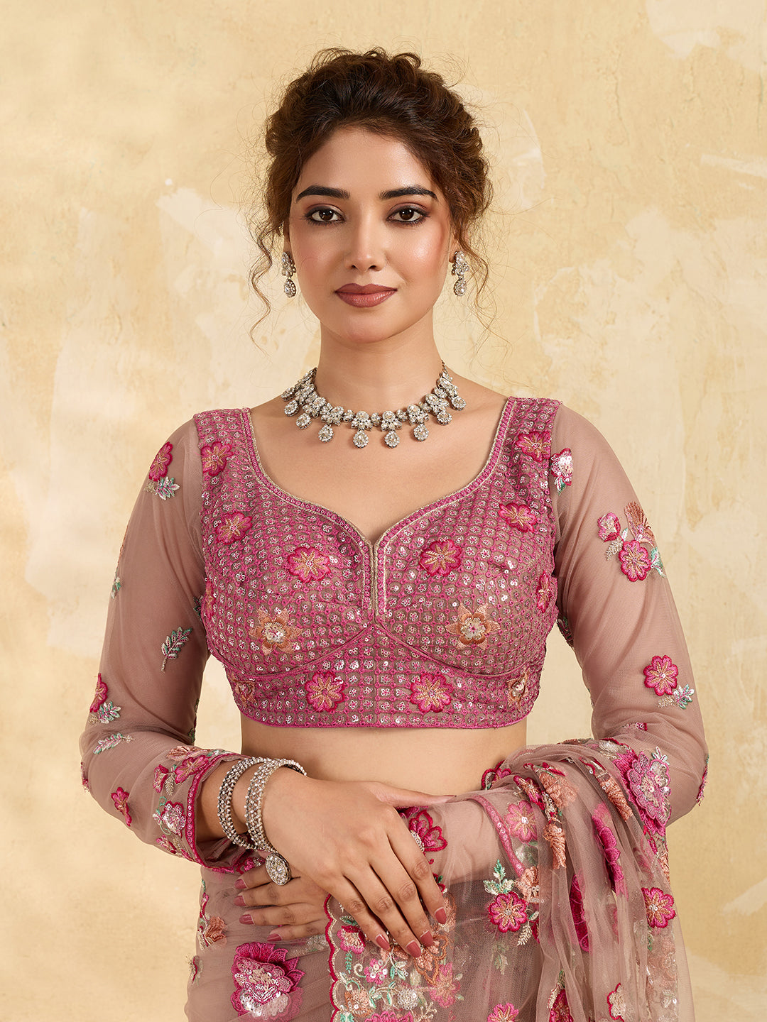 Beige Net 3D Floral Thread Embroidery Saree with Multicolor Garden Bouquet Work