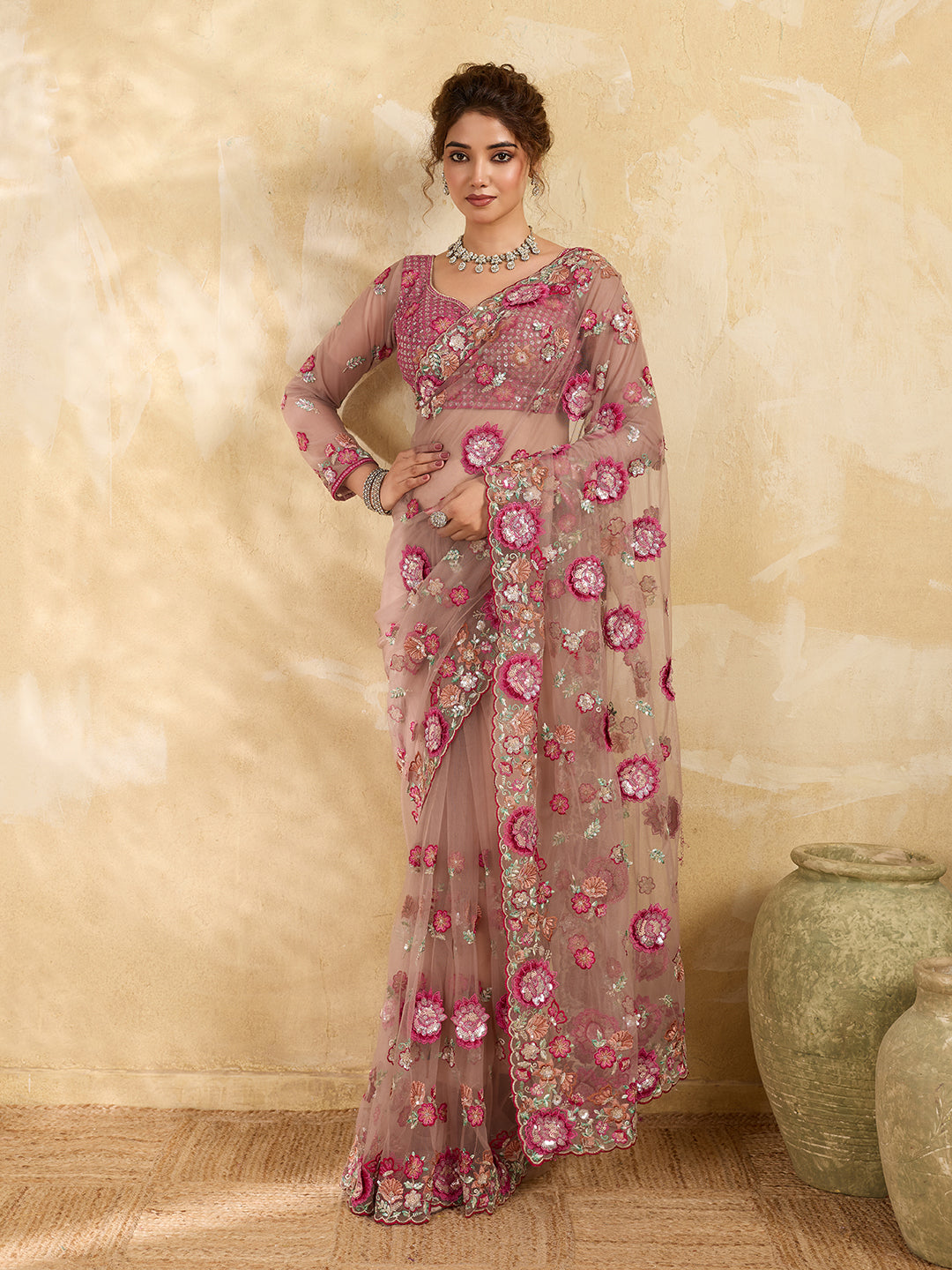 Beige Net 3D Floral Thread Embroidery Saree with Multicolor Garden Bouquet Work