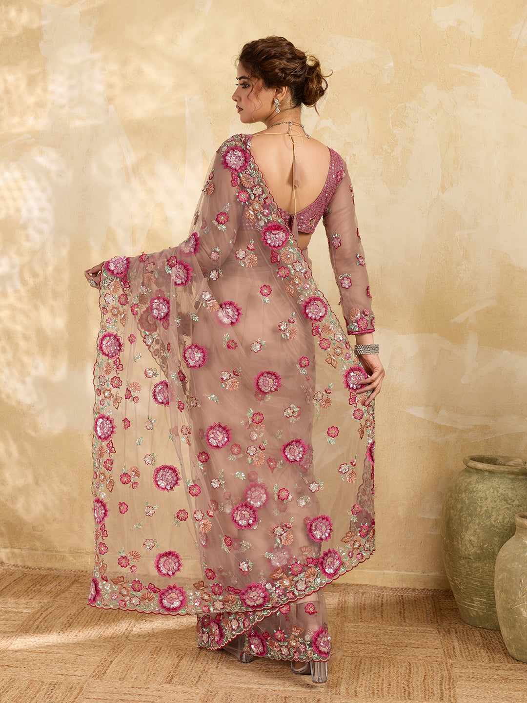 Beige Net 3D Floral Thread Embroidery Saree with Multicolor Garden Bouquet Work