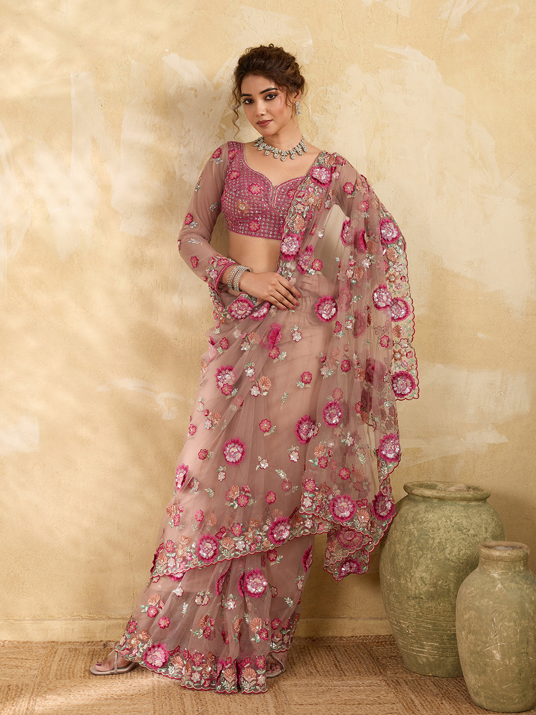 Beige Net 3D Floral Thread Embroidery Saree with Multicolor Garden Bouquet Work
