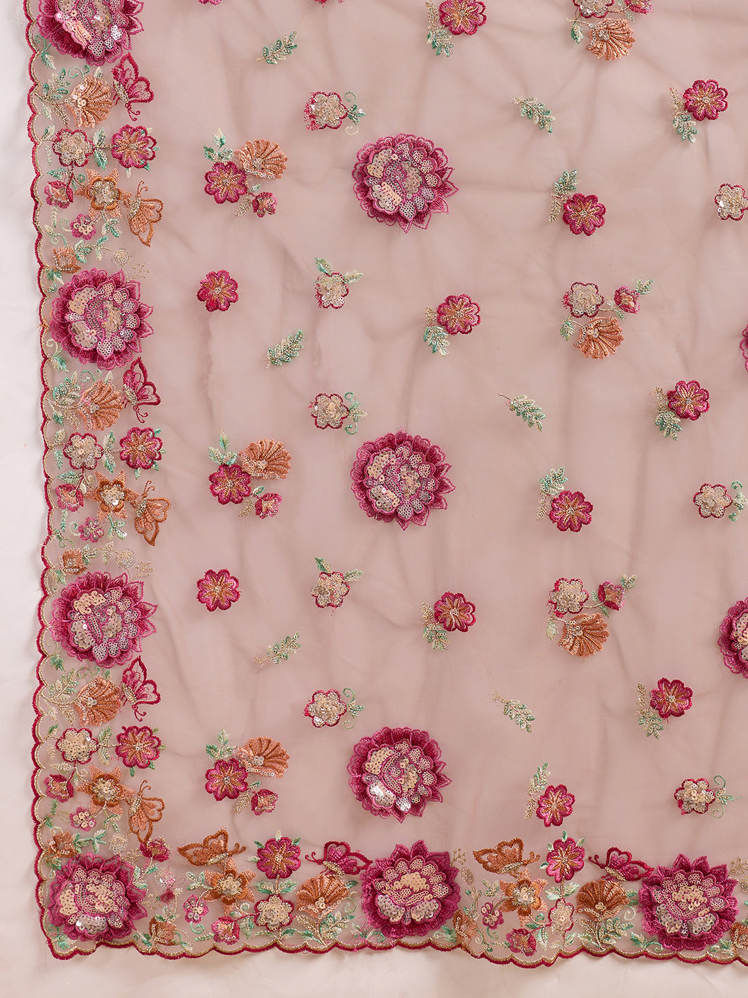 Beige Net 3D Floral Thread Embroidery Saree with Multicolor Garden Bouquet Work