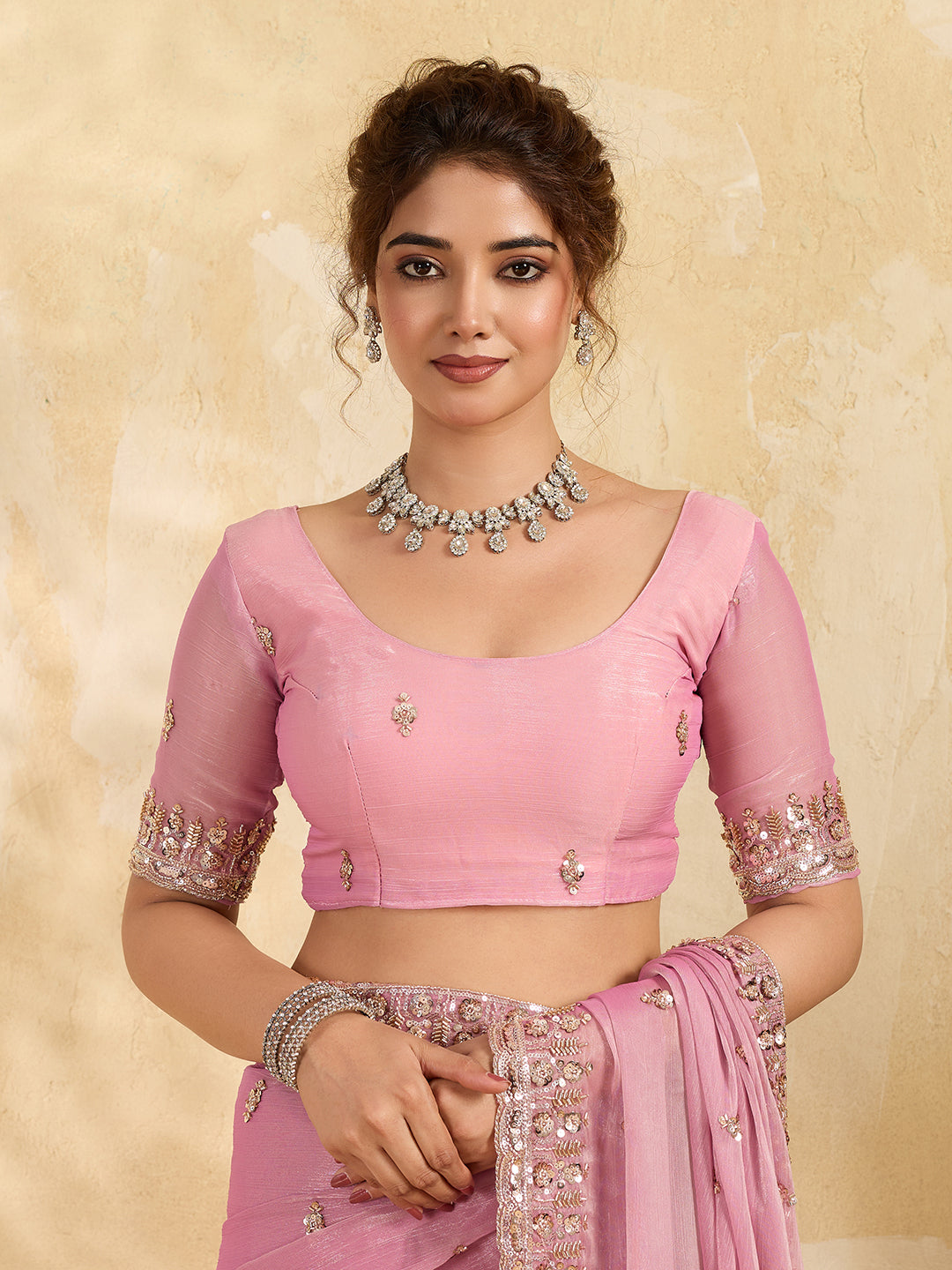 Candy Pink Embellisheded Glass Ciffon Saree with Matiching Blouse Piece