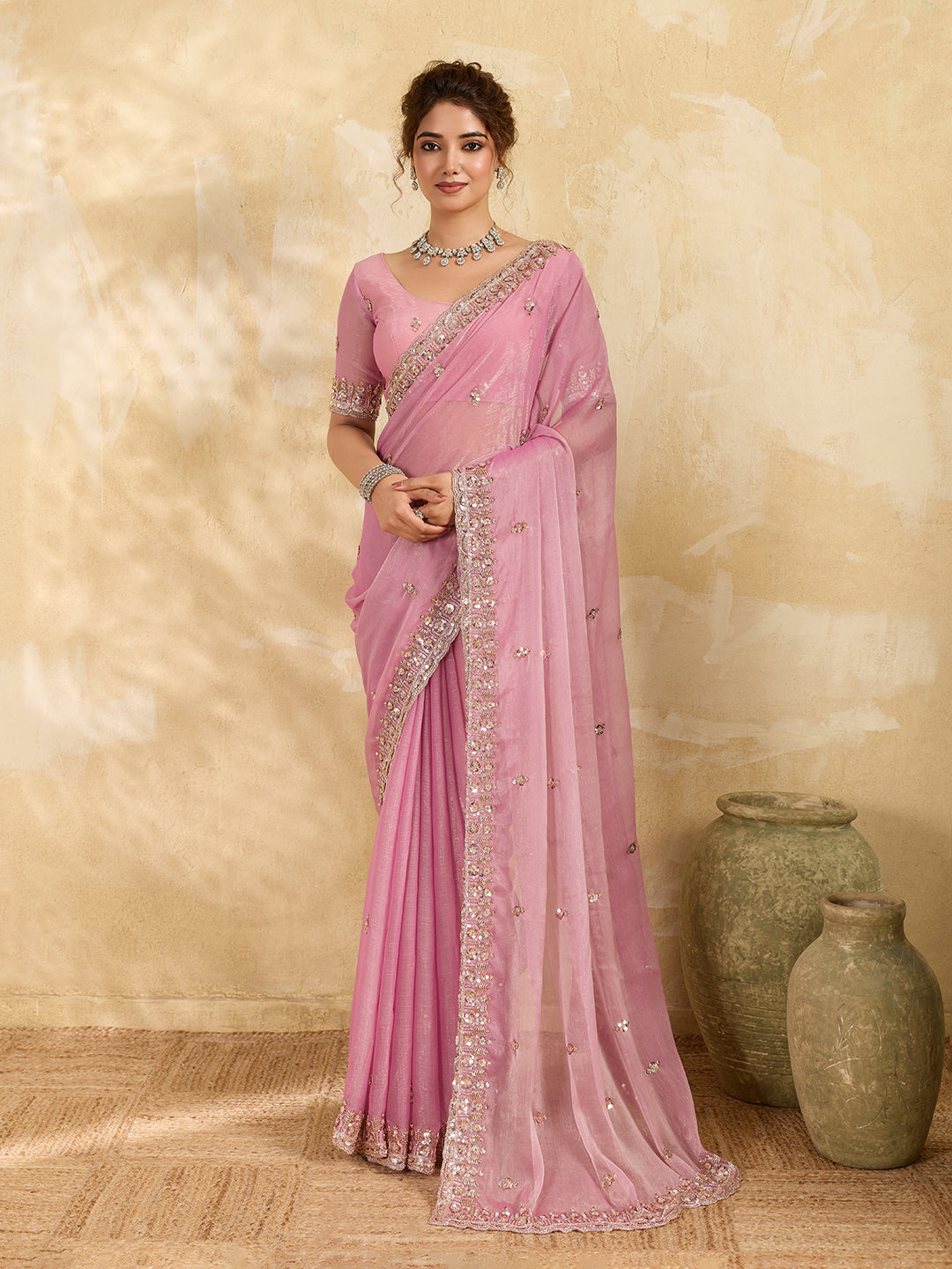 Candy Pink Embellisheded Glass Ciffon Saree with Matiching Blouse Piece