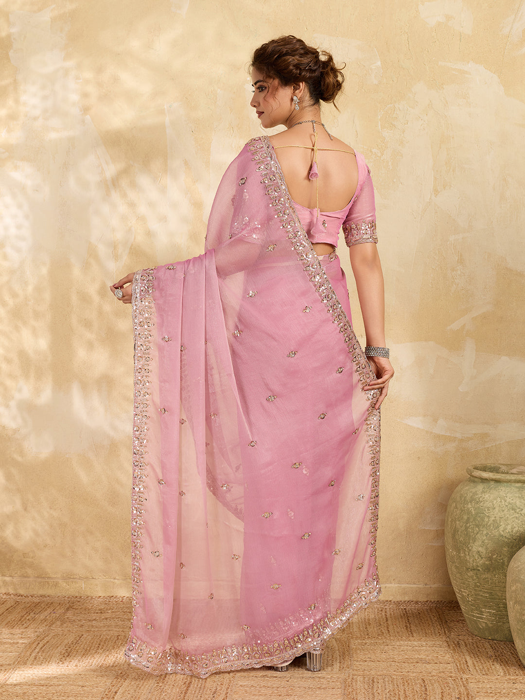 Candy Pink Embellisheded Glass Ciffon Saree with Matiching Blouse Piece