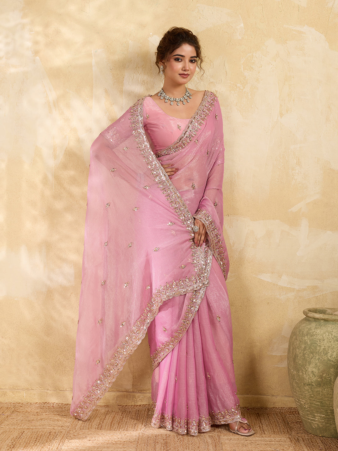 Candy Pink Embellisheded Glass Ciffon Saree with Matiching Blouse Piece