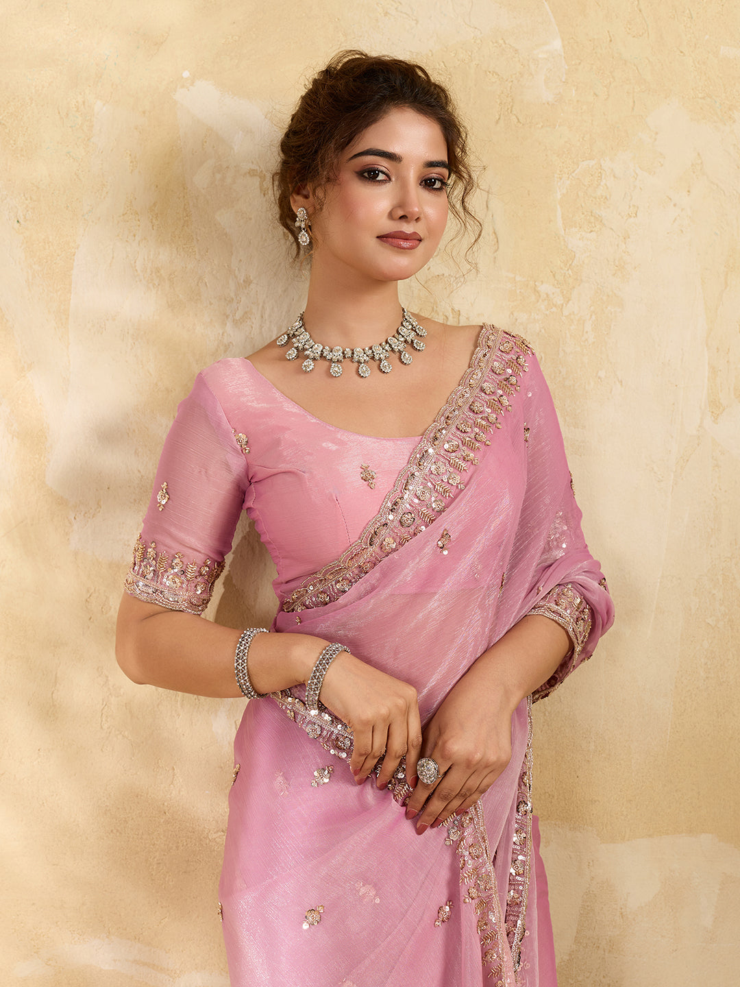 Candy Pink Embellisheded Glass Ciffon Saree with Matiching Blouse Piece
