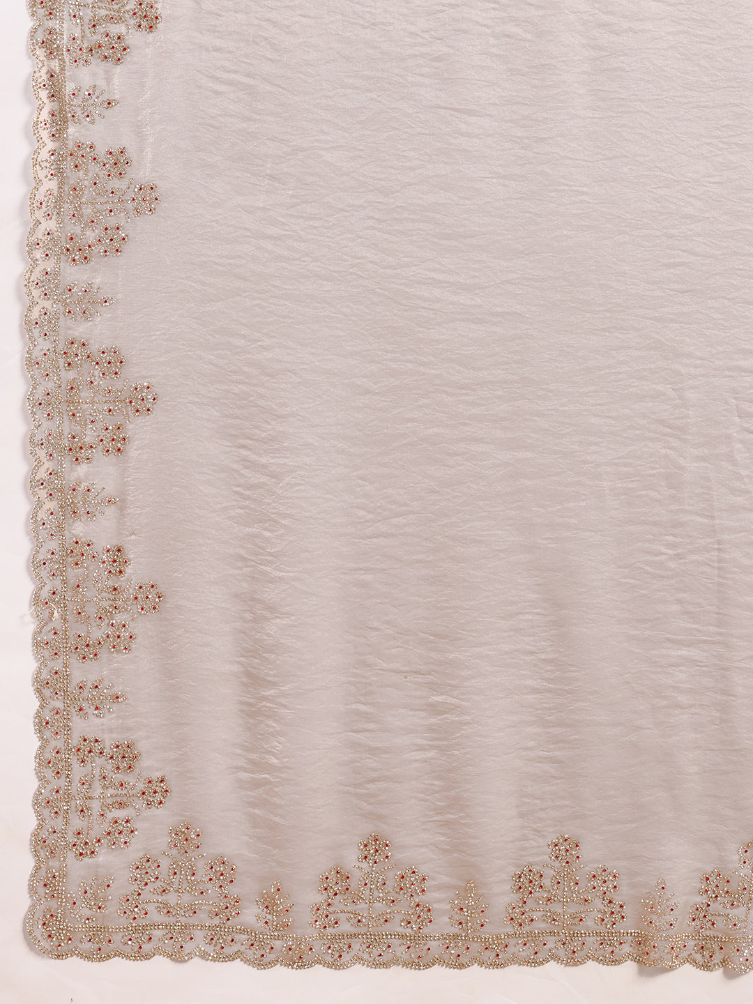 Champagne Sattin Silk Gold & Red Kundan Stonework Saree with matichng Blouse Piece